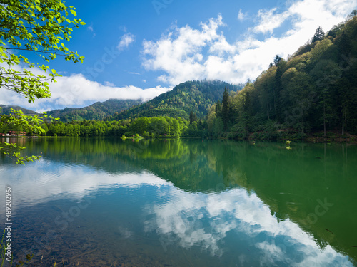 Fototapeta Naklejka Na Ścianę i Meble -  A beautiful lake view in the spring season. Reflection of forests on water and green nature image.