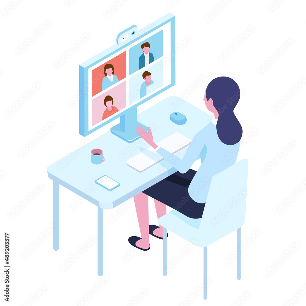 it is illustration of online meeting with desktop PC it is illustration of online meeting with desktop PC