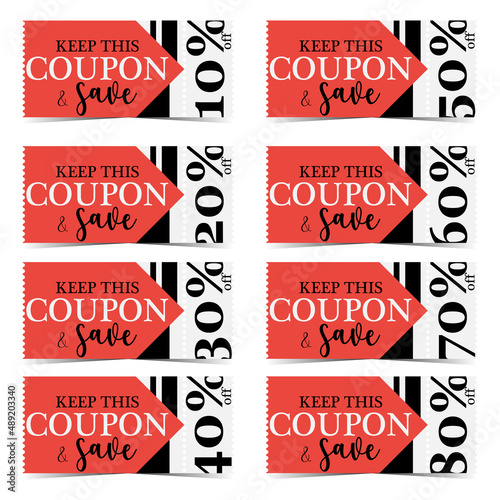 Discount coupons set. Sale banners in red and black colours with reduction percentage indicated on the side. Flat vector illustration for discount season, Black Friday, call to save money.