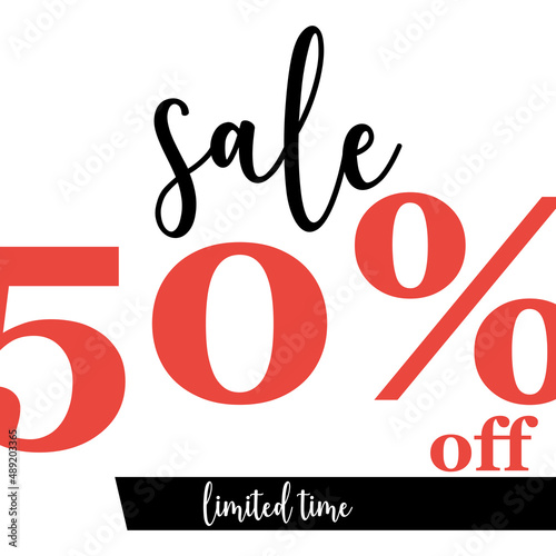 50% sale banner with inscription in red and black colours on white background. Vector illustration in flat style for discount season, Black Friday, shopping with reduction.