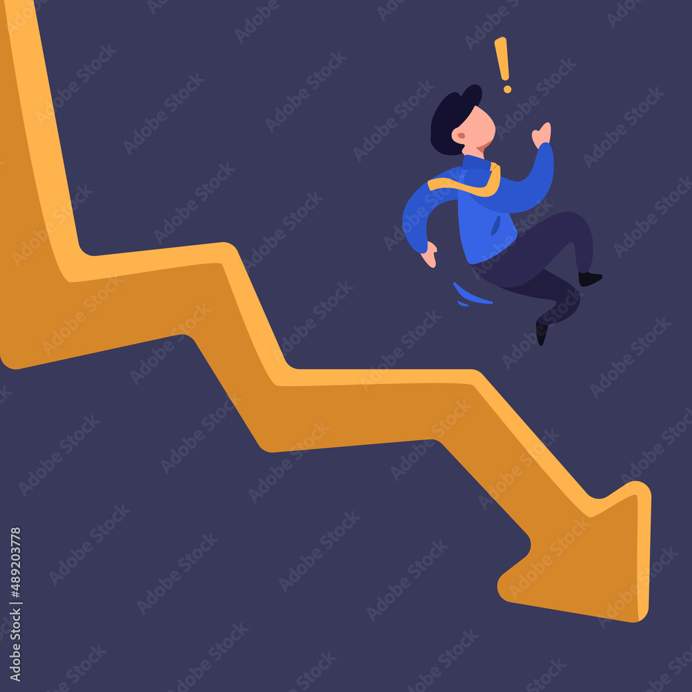 Business concept flat style of businessman fall down chart. Male manager bankrupt falling down from arrow. Economic failure investment and financial stock market crash. Design vector illustration