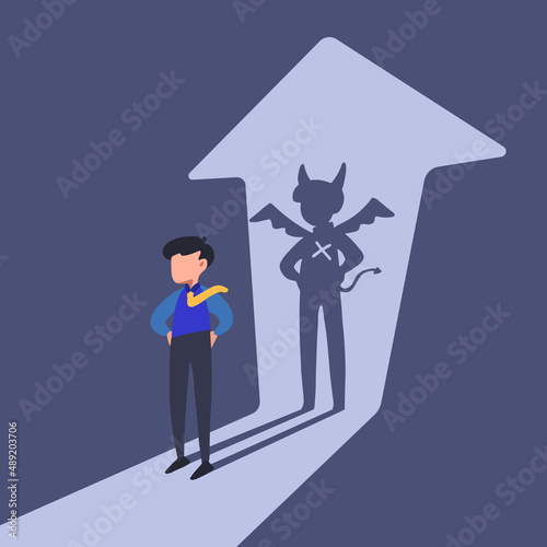 Business concept design businessman standing with demon shadow wall behind him. Bad business manager. Young worker with his own evil shadow. Business metaphor. Vector illustration flat cartoon style