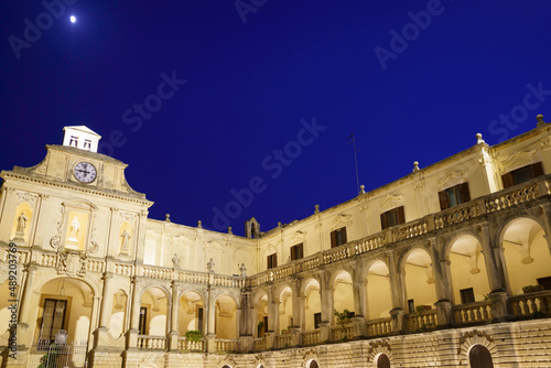 Lecce, Apulia, Italy: historic buildings in the cathedral square by night