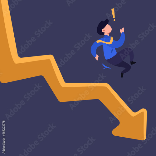 Business concept flat style of businessman fall down chart. Male manager bankrupt falling down from arrow. Economic failure investment and financial stock market crash. Design vector illustration