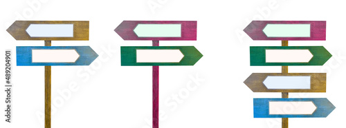 collection of pointers with arrows isolated on white background.Colorful wooden direction arrow signs on a wooden pole. copy space.
