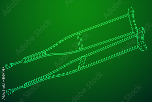 Crutches medical walking sticks for rehabilitation of broken leg. Treatment of people with leg injuries. Wireframe low poly mesh vector illustration.