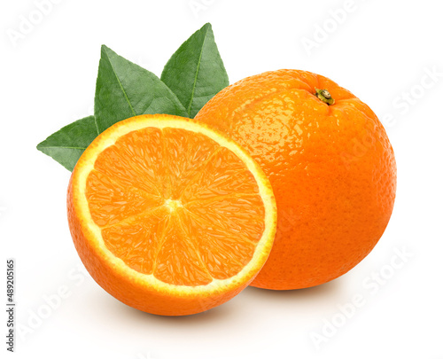 Orange with leaves and half isolated on white background, cut out