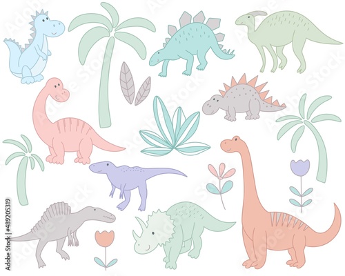 Set funny dinosaurs and plants. Hand drawn cute characters for kids. Dino cartoon collection vector illustration