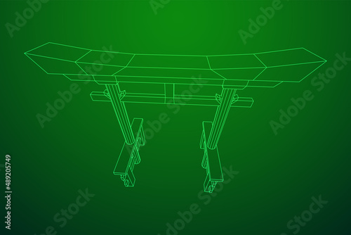 Torii sacred traditional gate. Symbol of Japan,shintoism religion. Japanese Tori arch ancient entrance. Wireframe low poly mesh vector illustration