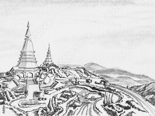 Image Sketch  Doi inthanon sketch beautiful Thailand s landmark on fine printing paper Chiangmai  Thailand