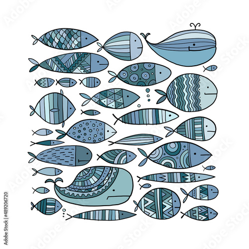 Funny fishes collection, ethnic ornament. Childish style. Art frame for your ...