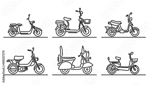 Set of simple flat design vector images of simple scooters and mopeds drawn in art line style. photo