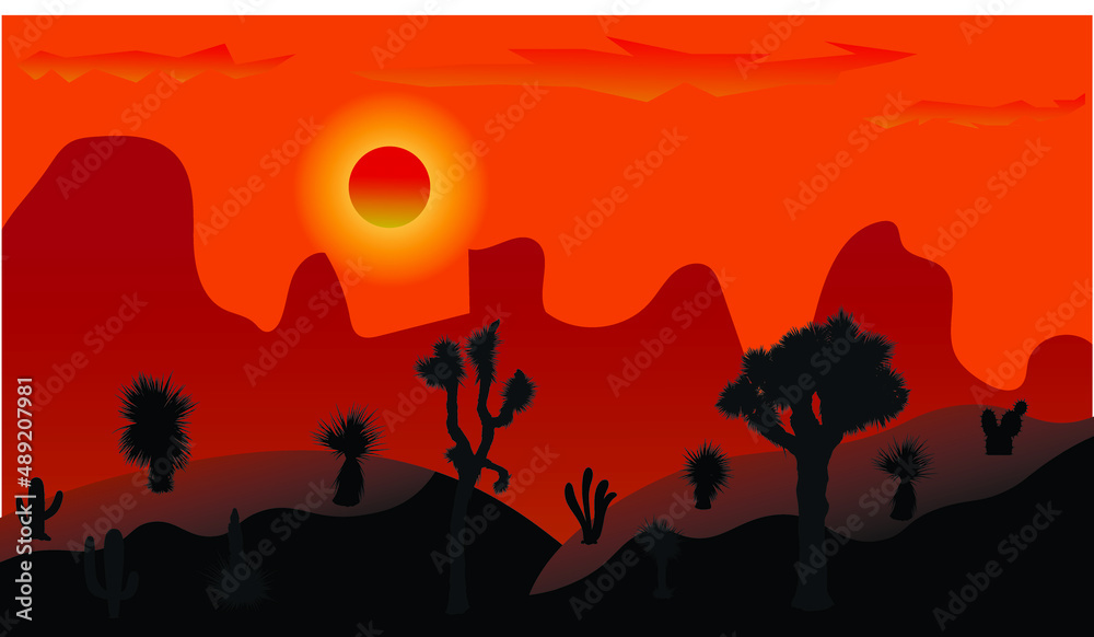Fototapeta premium hot desert landscape with cacti and mountains 