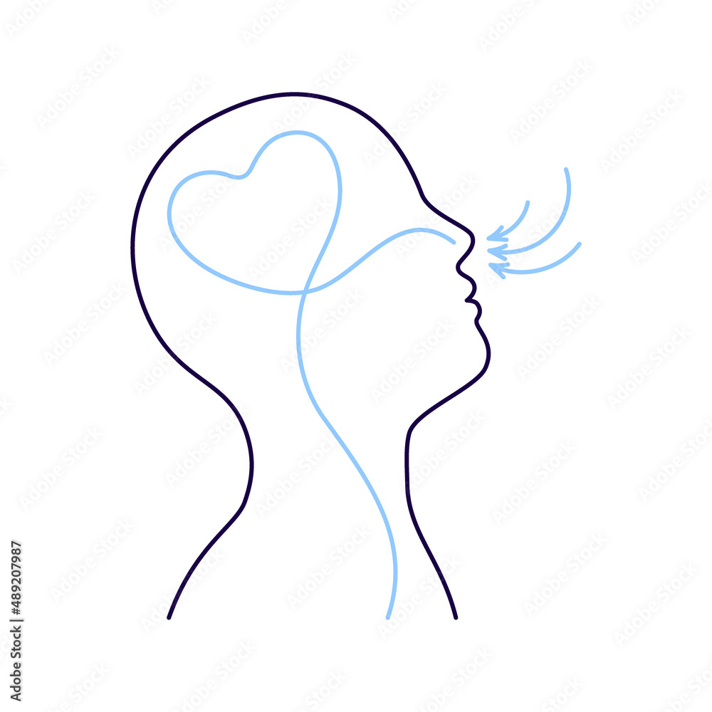 Breathing exercise, deep breath through nose for benefit and good work brain. Healthy yoga and relaxation. Vector outline illustration - obrazy, fototapety, plakaty 