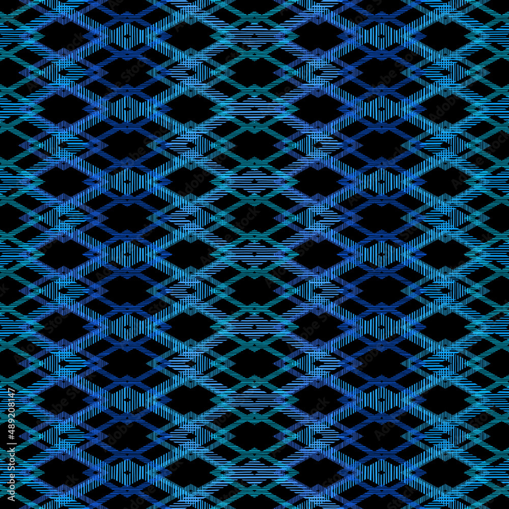 Blue Geometric Rhombus Seamless Pattern Design on Black Background Blue Geometric Rhombus Seamless Pattern Design on Black Background