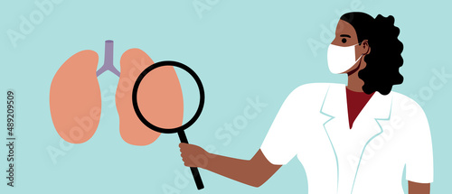 Pulmanologist with magnifying glass and diagnosis of lung and bronchial diseases, flat vector stock illustration with doctor with magnifying glass