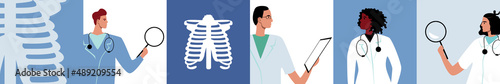 Orthopedists during treatment of spine, bones, ribs, flat vector stock illustration with doctors and diagnostics of musculoskeletal system as collage photo