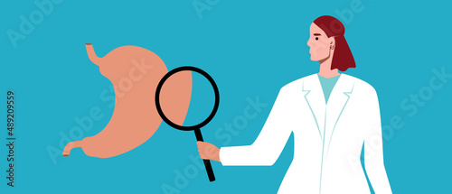 Gastroenterologist with magnifying glass and diagnosis of stomach diseases, flat vector stock illustration with doctor in white coat