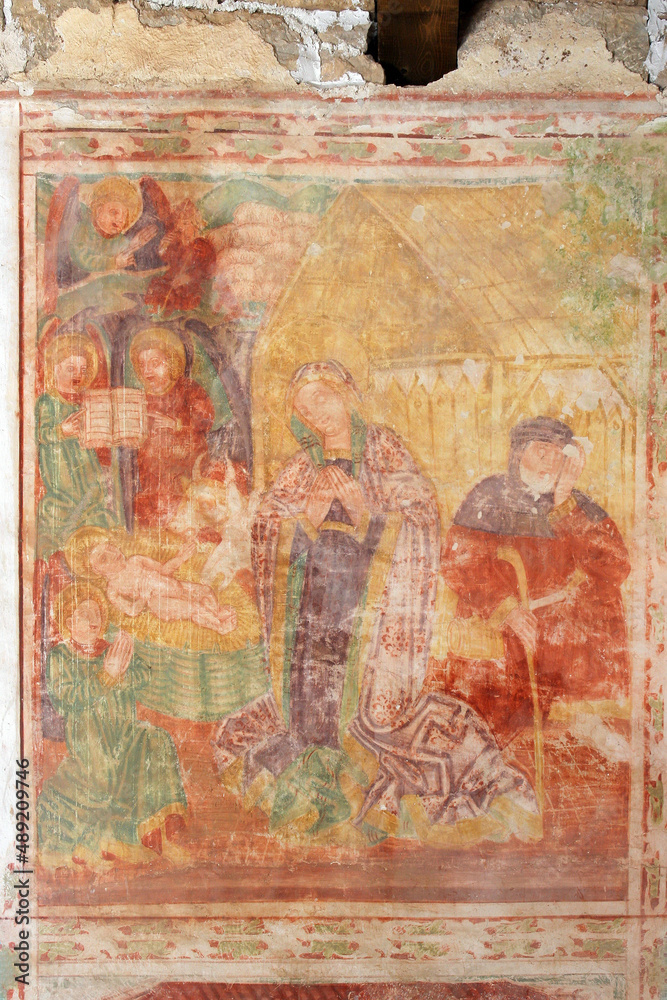 Nativity Scene, fresco in the church of Virgin Mary of Lakuc in Draga podno Dvigrada, Croatia