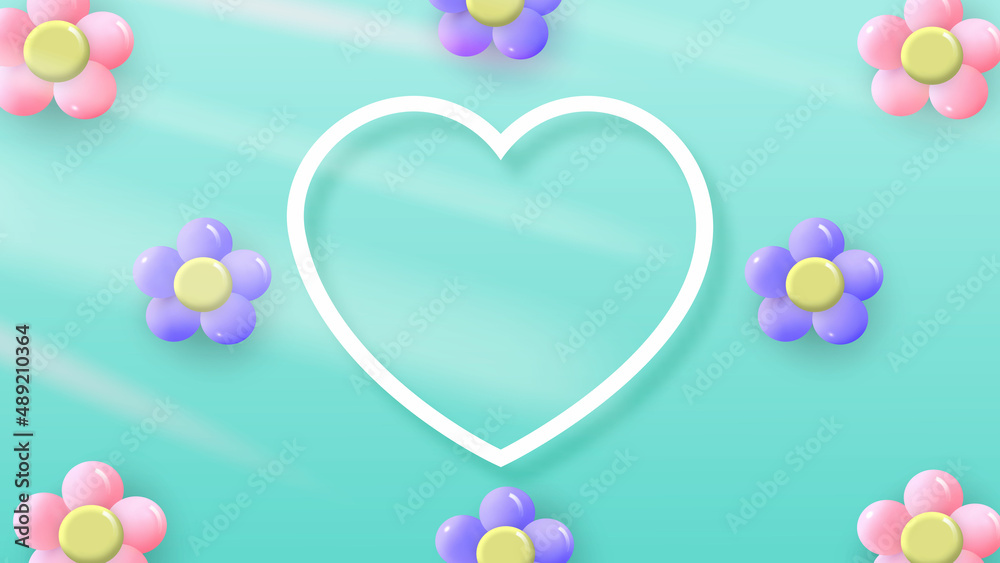Delicate Spring Flowers Light Background. Heart Shape. Minimalistic Composition Template for poster, holiday cards.