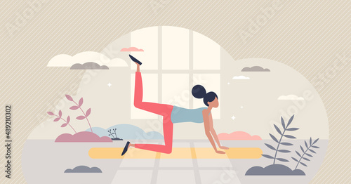 Ab workout exercise with body strength and stretching tiny person concept. Yoga muscle training and sport for flexible wellness vector illustration. Female and woman athlete with plank pose process.