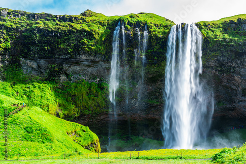 Beautiful Seljalandsfoss waterfall in summer sunny day.