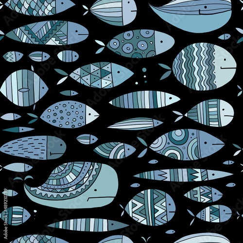 Funny fishes collection, ethnic ornament. Childish style. Seamless pattern fo...