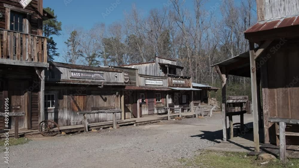 Old Western town store fronts, wide shot Old Western town store fronts, wide shot