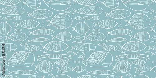 Funny fishes collection, ethnic ornament. Childish style. Seamless pattern fo...