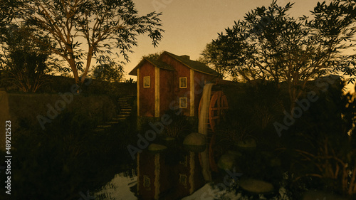 Water mill house with trees under a blue sky at sunrise. 3D render.