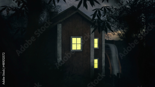 Illuminated windows of a water mill house between trees at dusk. 3D render.