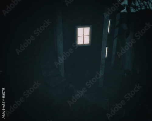 Illuminated windows of a water mill house at dusk. 3D render.