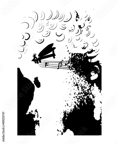 drawing picture portrait of mozart playing the piano, from ink blots, sketch, hand drawn ink fantasy surreal vector illustration