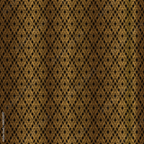 Rhombus Seamless Pattern Design in Gold on Black Background with Line Texture