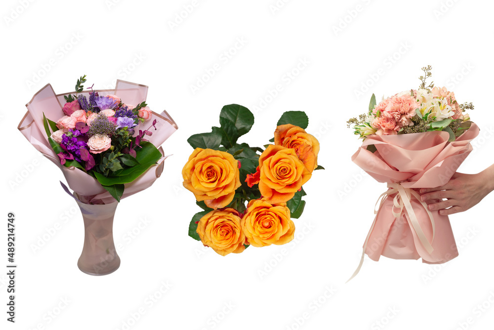 Obraz premium Bouquet of soft pink flowers in pink wrapping paper.
