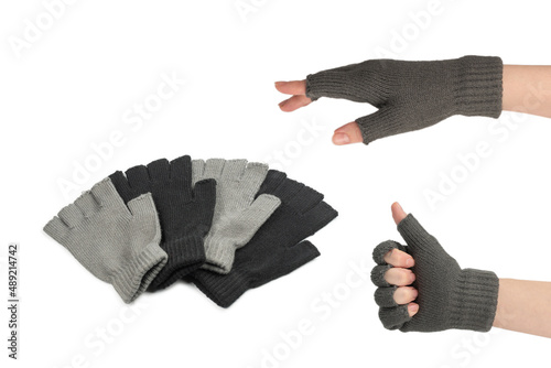 Woman hands in warm gloves isolated on white background.