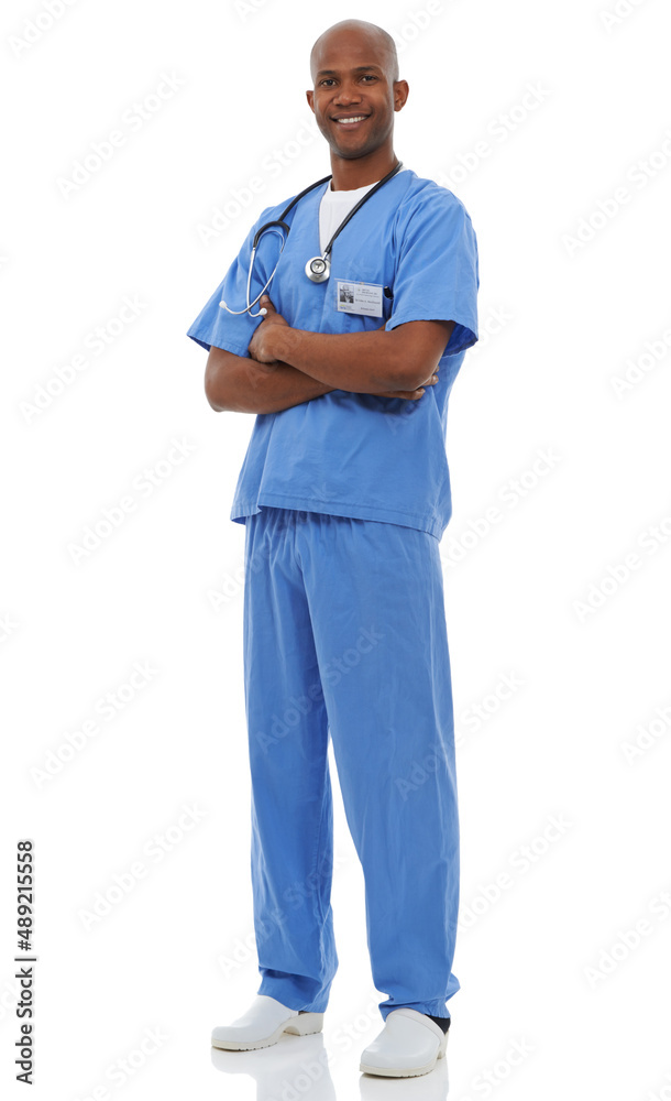 Hes a great doctor. Studio shot of a young african doctor with his arms crossed. Hes a great doctor. Studio shot of a young african doctor with his arms crossed.