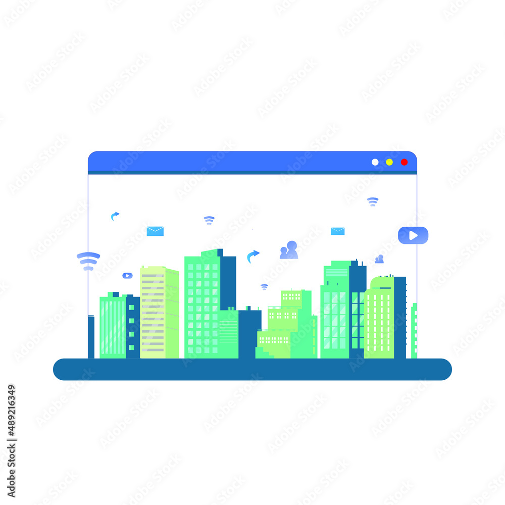 flat illustration of smart city building vector, skyscraper connect cityscape in web browser design concept 