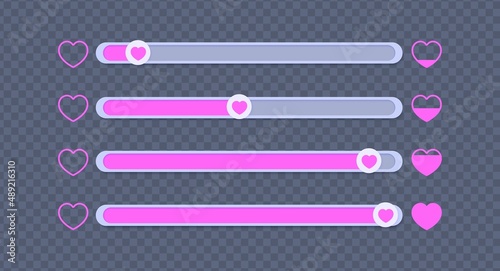 A set of sliders for determining the level of approval. Collection of movable buttons with pink hearts, appreciating lively like. Element template for head on social media, mobile app, feedback swipe.