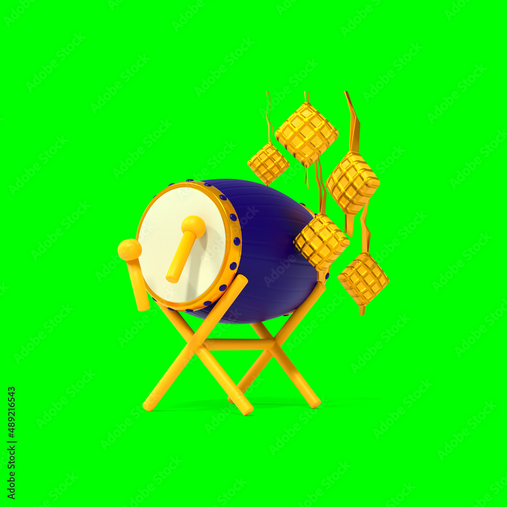 3d rendering of a drum illustration with ketupat typical of Ramadan celebrations 3d rendering of a drum illustration with ketupat typical of Ramadan celebrations
