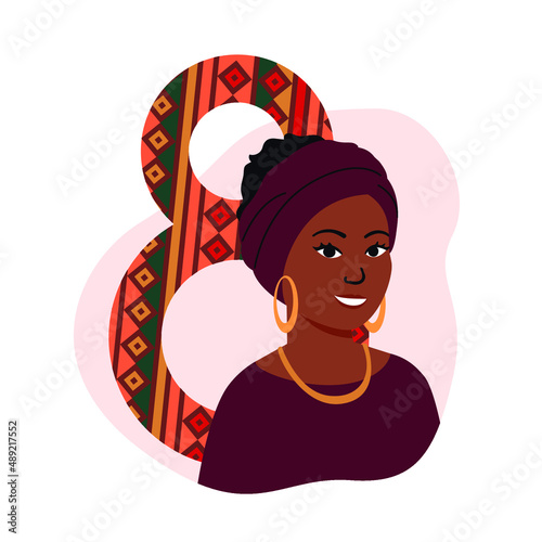 Smiling african-american woman celebrating International women’s day, 8th of March. Illustration with ethnic national african pattern. Isolated vector illustration in flat style.