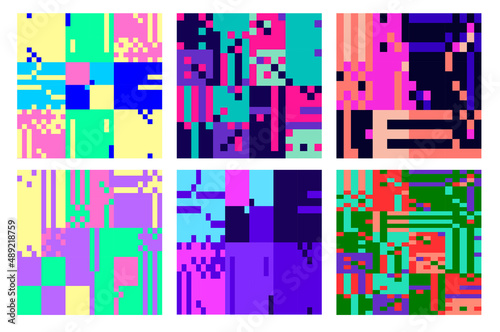 Set of Bold seamless neon color patterns. Vector illustration. Pixels and glitch effect