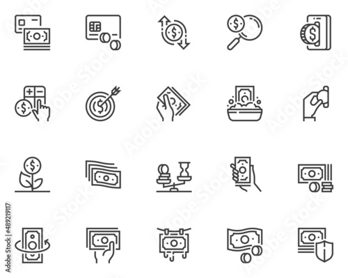 Set of Vector Line Icons Related to Money. Wad of Money, Money Laundering, Hand with Coin. Editable Stroke. 48x48 Pixel Perfect.