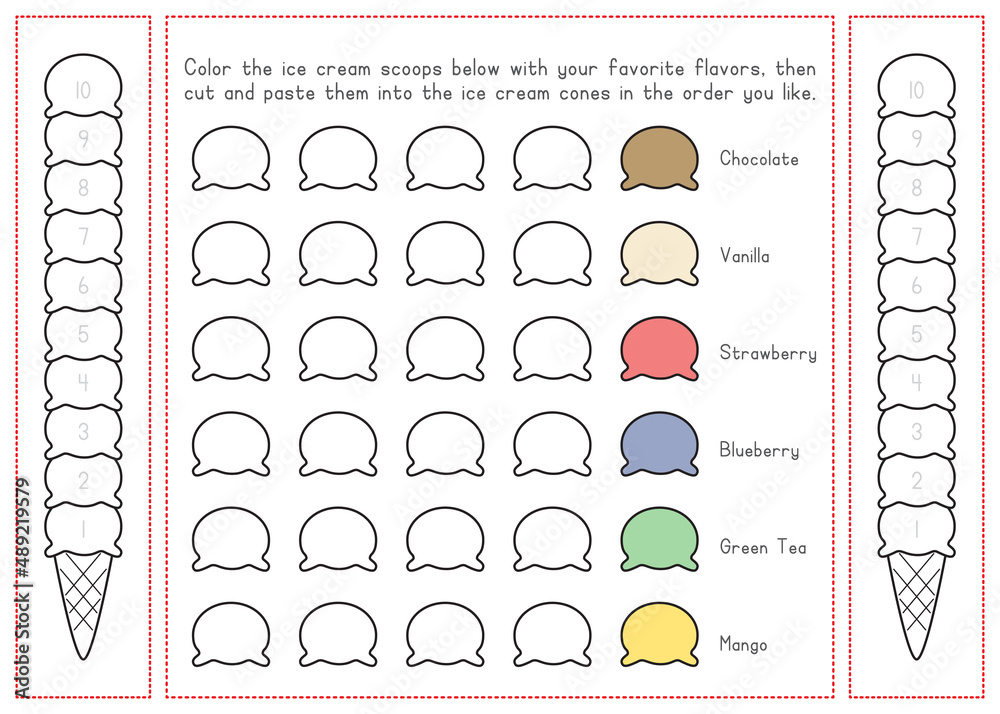 Children Learning Printable Coloring, Cut, and Paste Ice Cream vector