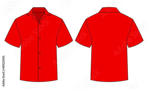 Blank Red Short Sleeve Factory Uniform Shirt Template On White Background.Front and Back View, Vector File.