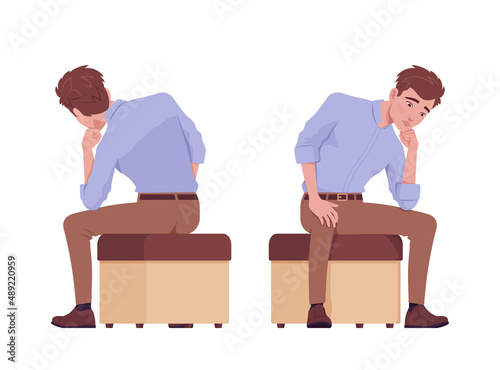 Young handsome businessman sitting on bench, pensive pose, seriously thoughtful. Office boy, male manager in formal wear. Vector flat style cartoon character isolated, white background, front, rear