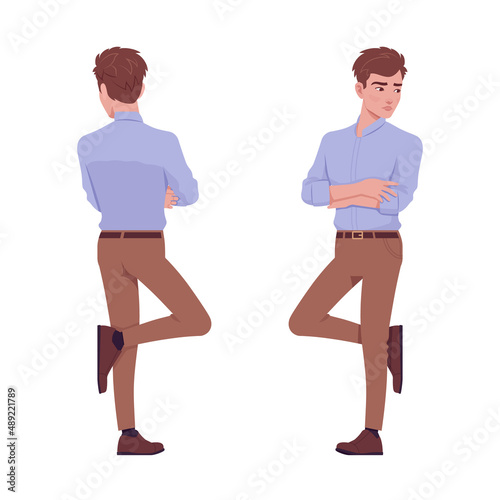 Young handsome businessman standing, sure confident pose. Busy office attire boy, male manager in formal wear. Vector flat style cartoon character isolated on white background, front, rear view
