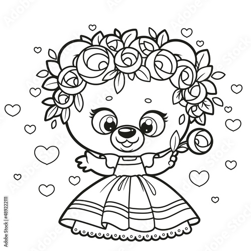 Cute cartoon teddy bear in princess dress and wreath of roses outline drawing for coloring on a white background