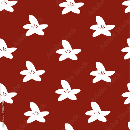White flower on red background vector seamless pattern.