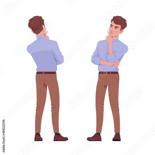 Young handsome businessman standing, pensive pose, seriously thoughtful. Office attire boy, male manager in formal wear. Vector flat style cartoon character isolated, white background, front, rear